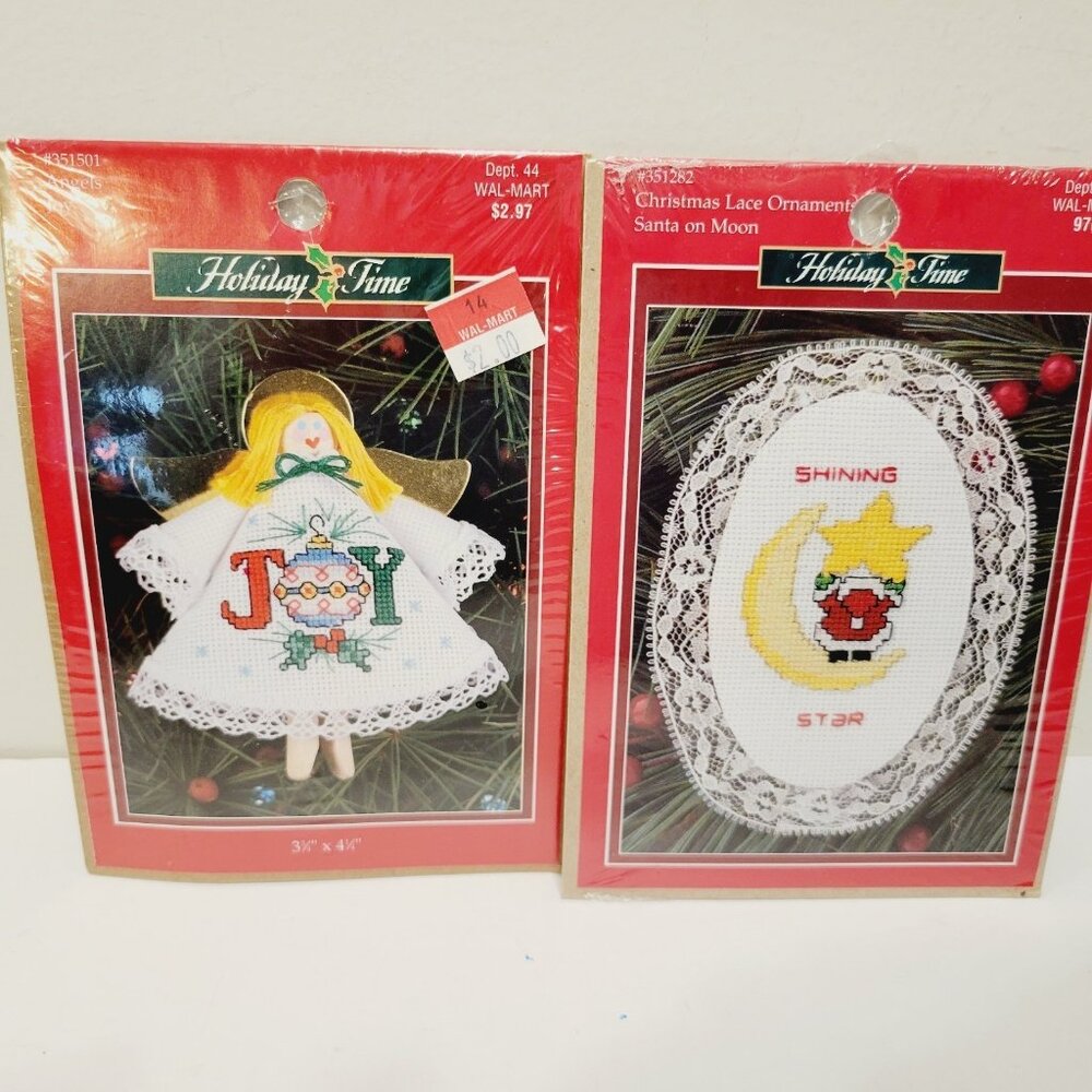 2 Vtg Holiday Time Angles Joy Christmas Santa on Moon Cross Stitch Kits